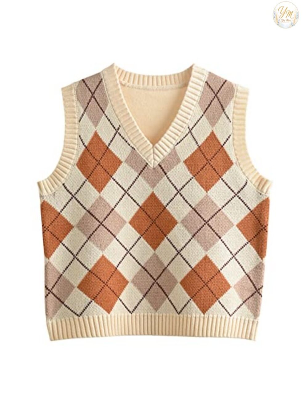 V-Neck Sleeveless Argyle Knitted Sweater Vest Plaid Crop Tank Top Preppy